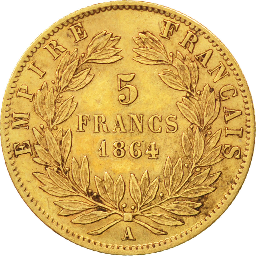 FRANCE, Napoléon III, 5 Francs, 1864, Paris, KM #803.1, AU(50-53), Gold, Gadoury