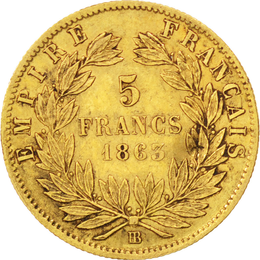 FRANCE, Napoléon III, 5 Francs, 1863, Strasbourg, KM #803.2, VF(20-25), Gold, G.
