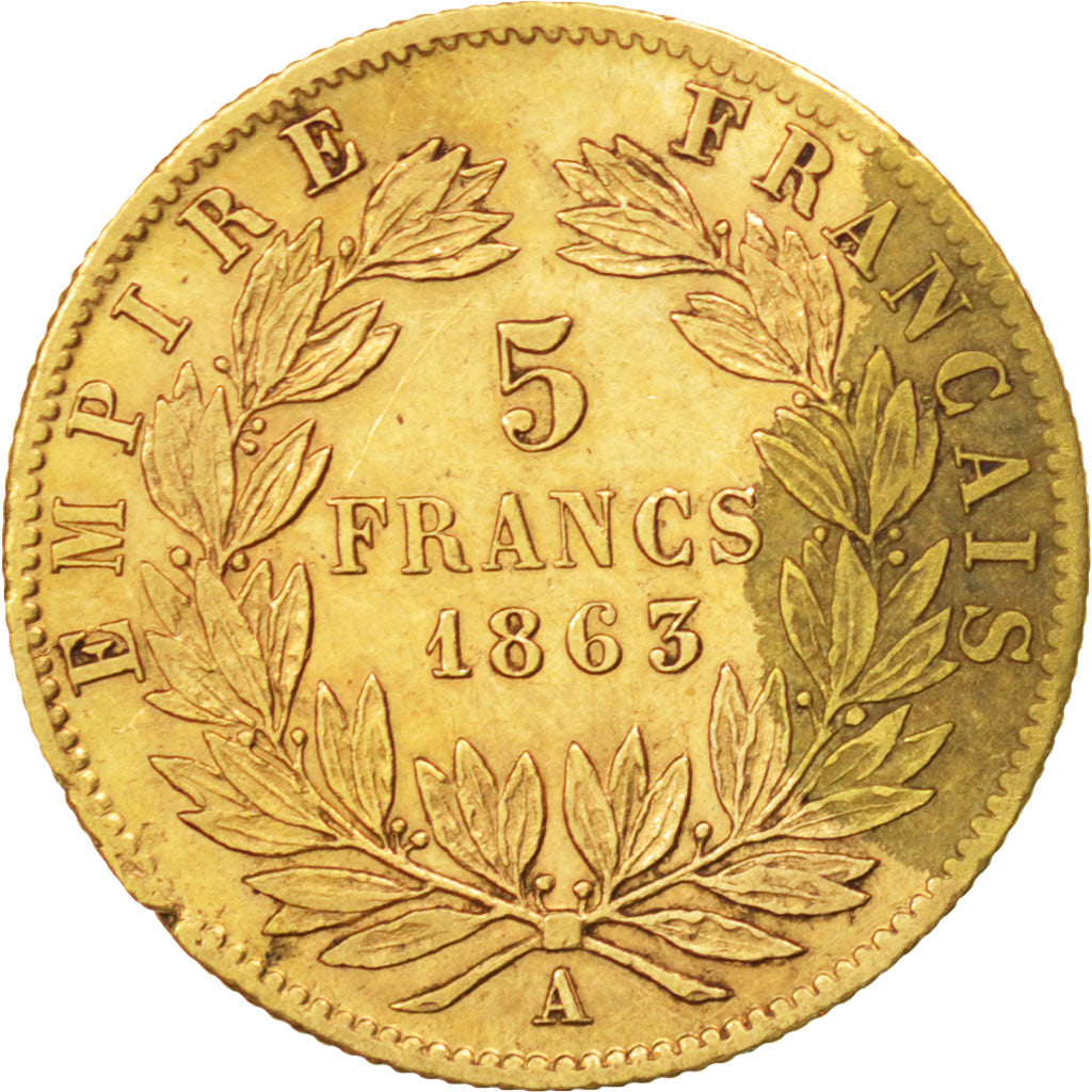 FRANCE, Napoléon III, 5 Francs, 1863, Paris, KM #803.1, VF(20-25), Gold, Gadoury