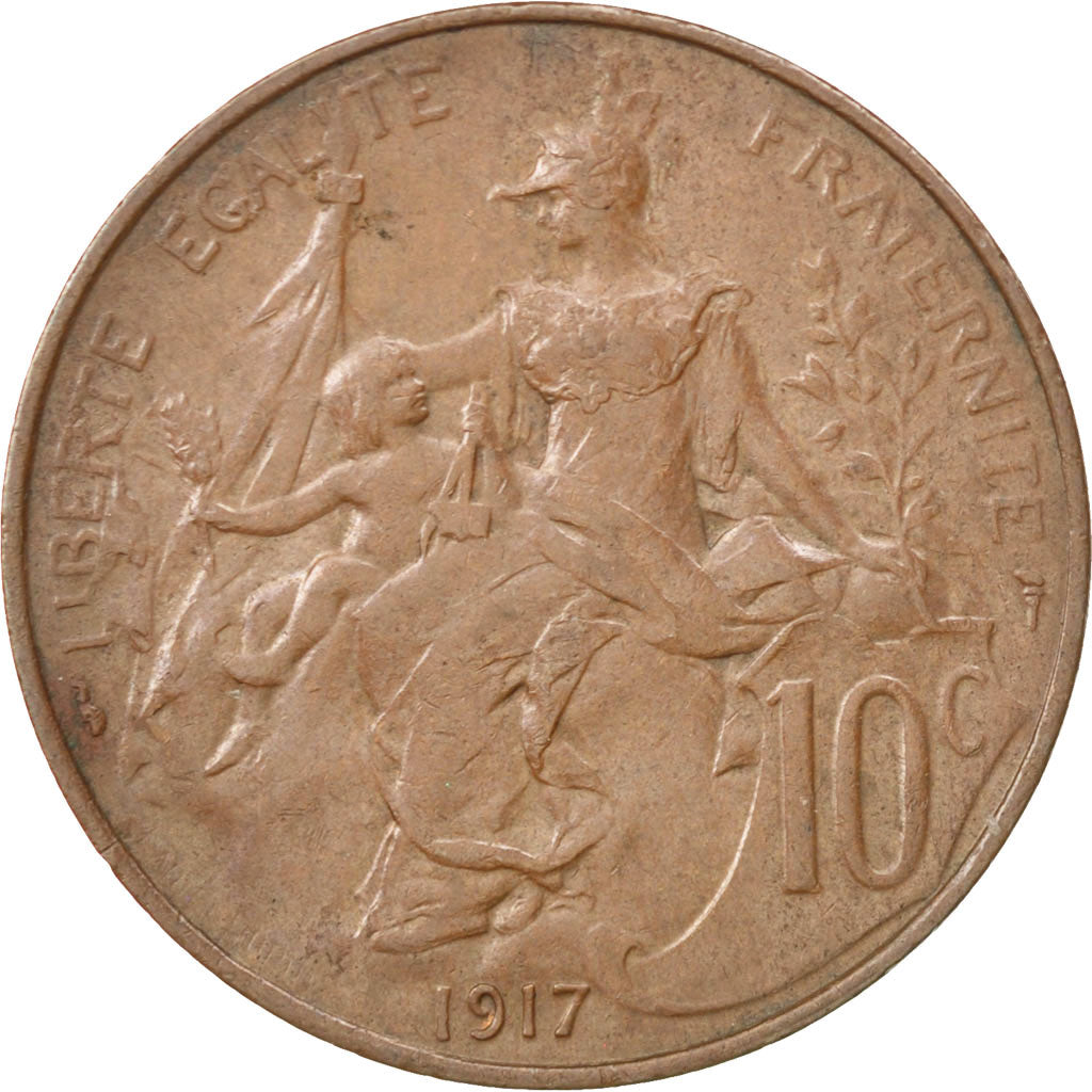 FRANCE, Dupuis, 10 Centimes, 1917, Paris, KM #843, AU(55-58), Bronze, 30,...
