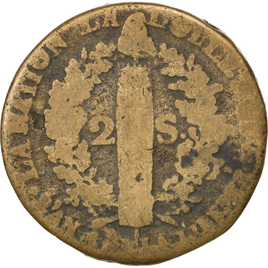 FRANCE, 2 sols françois, 2 Sols, 1792, Metz, KM #603.2, F(12-15), Bronze, 24.84