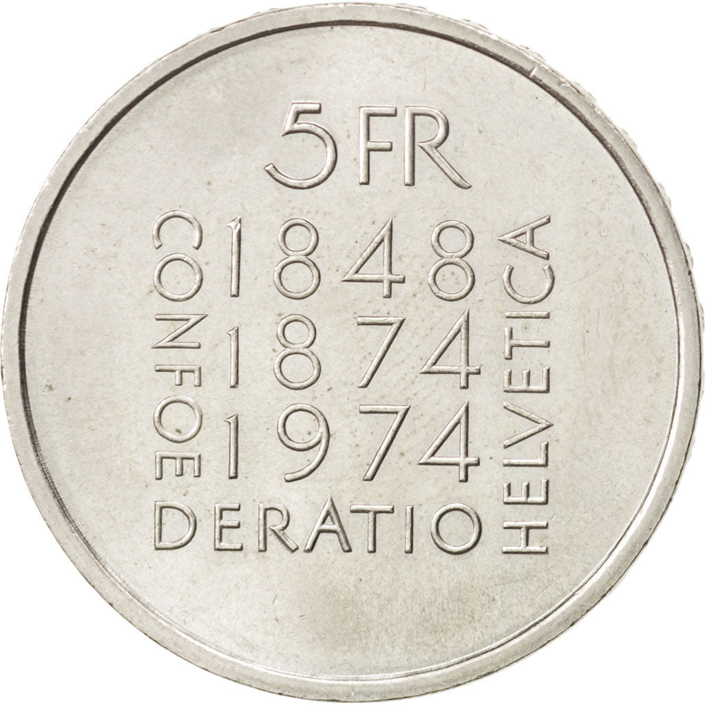 SWITZERLAND, 5 Francs, 1974, KM #52, AU(55-58), Copper-Nickel, 31.45, 13.31