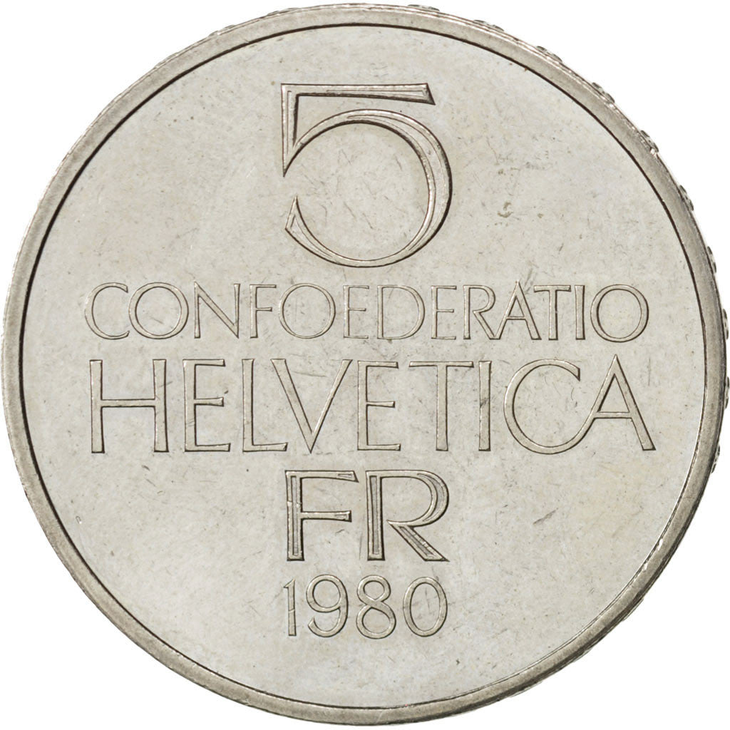 SWITZERLAND, 5 Francs, 1980, KM #59, AU(55-58), Copper-Nickel, 31.45, 13.03