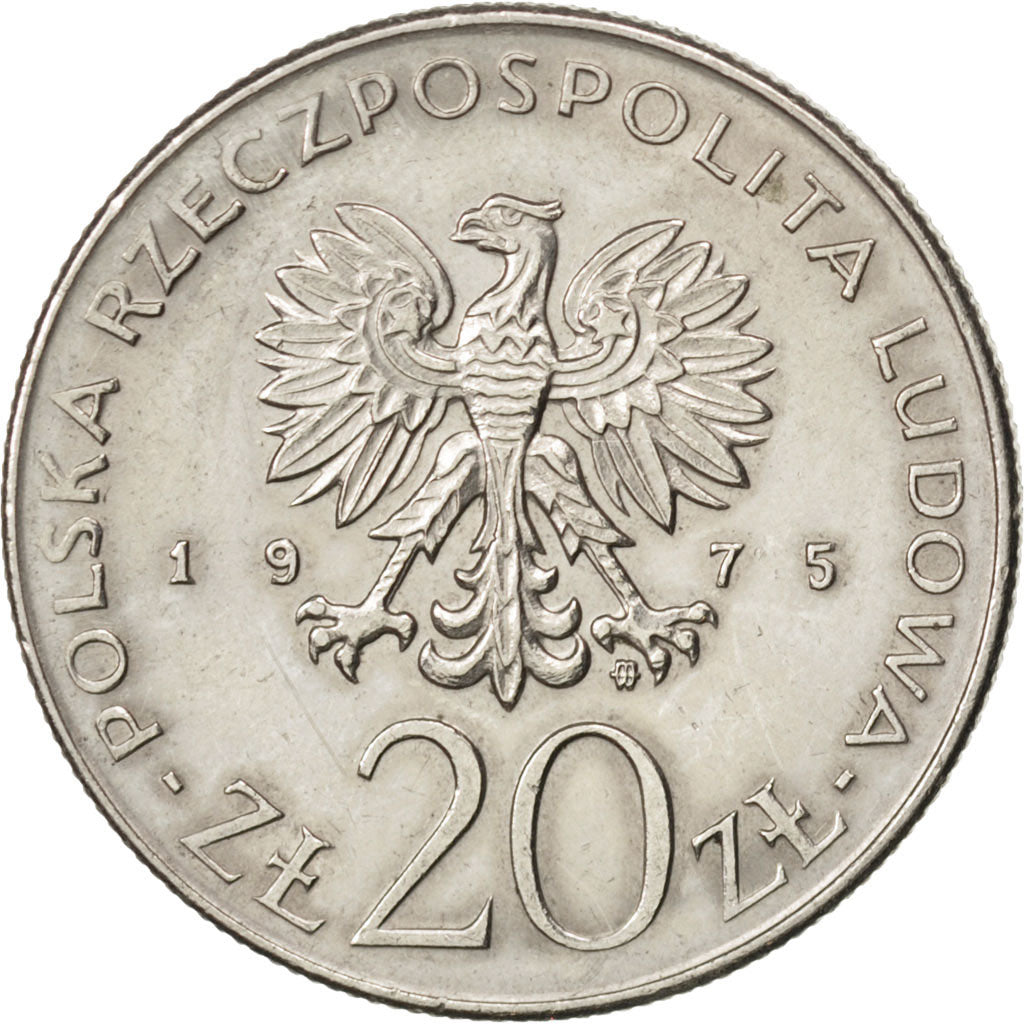 POLAND, 20 Zlotych, 1975, Warsaw, KM #75, AU(50-53), Copper-Nickel, 29, 10.02