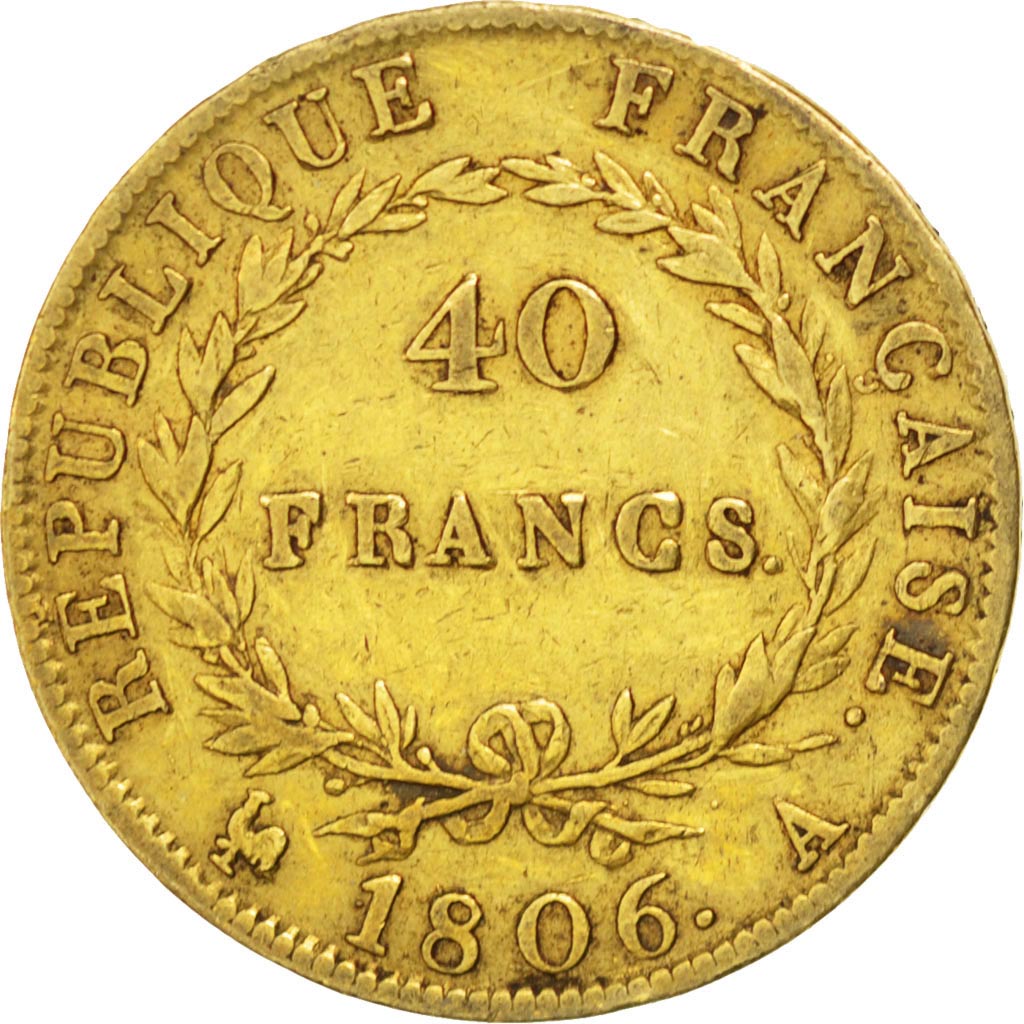 FRANCE, Napoléon I, 40 Francs, 1806, Paris, KM #675.1, VF(30-35), Gold, Gadoury 