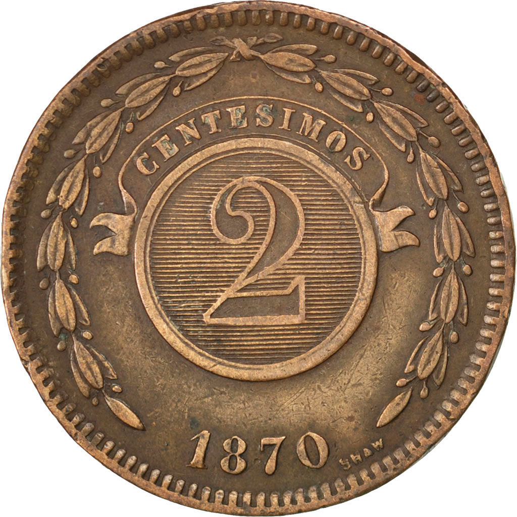 PARAGUAY, 2 Centesimos, 1870, KM #3, EF(40-45), Copper, 9.85