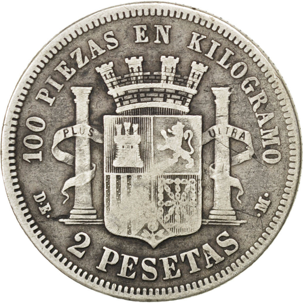 Spain, 2 Pesetas, 1870, KM #654, VF(30-35), Silver, 27, 9.65
