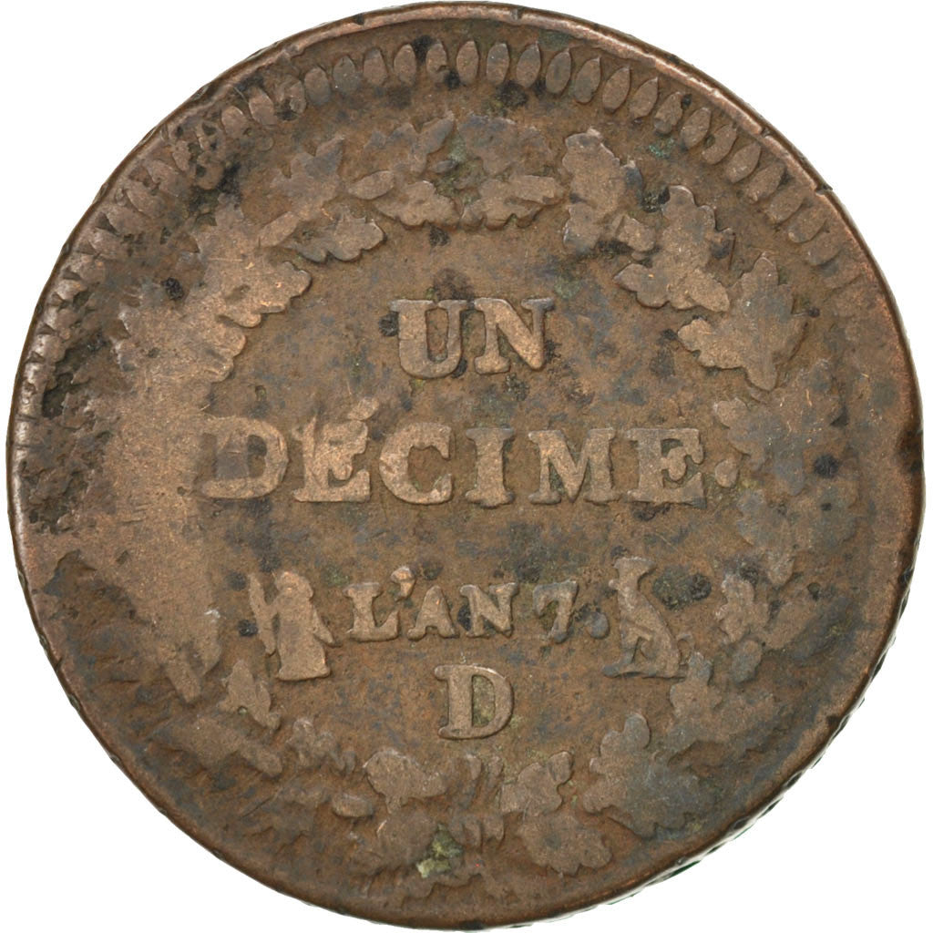 Moneta, Francia, Dupré, Decime, 1798, Lyon, B+, Bronzo, KM:644.5, Gadoury:187