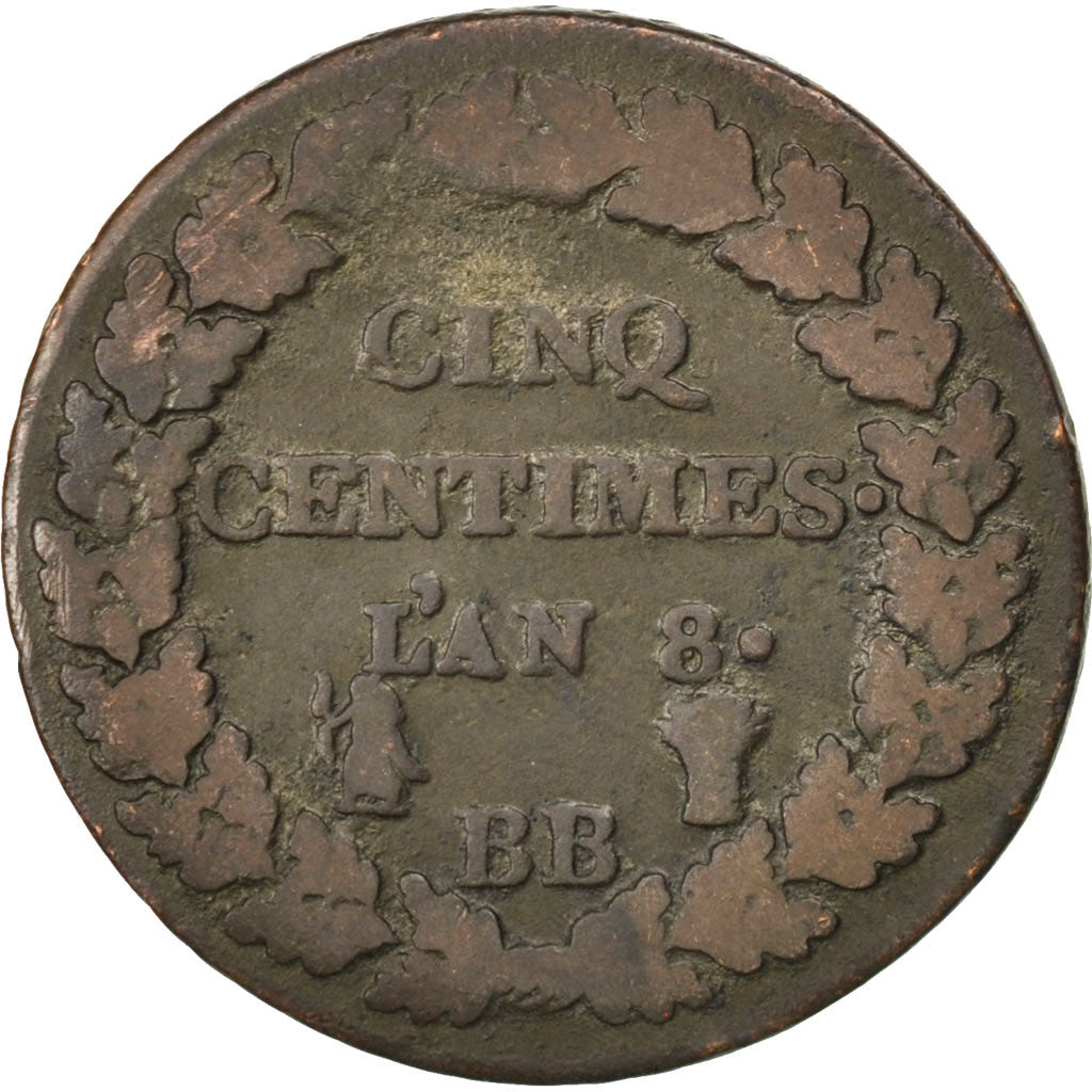 FRANCE, Dupré, 5 Centimes, 1799, Strasbourg, KM #640.4, F(12-15), Bronze, 28, G.