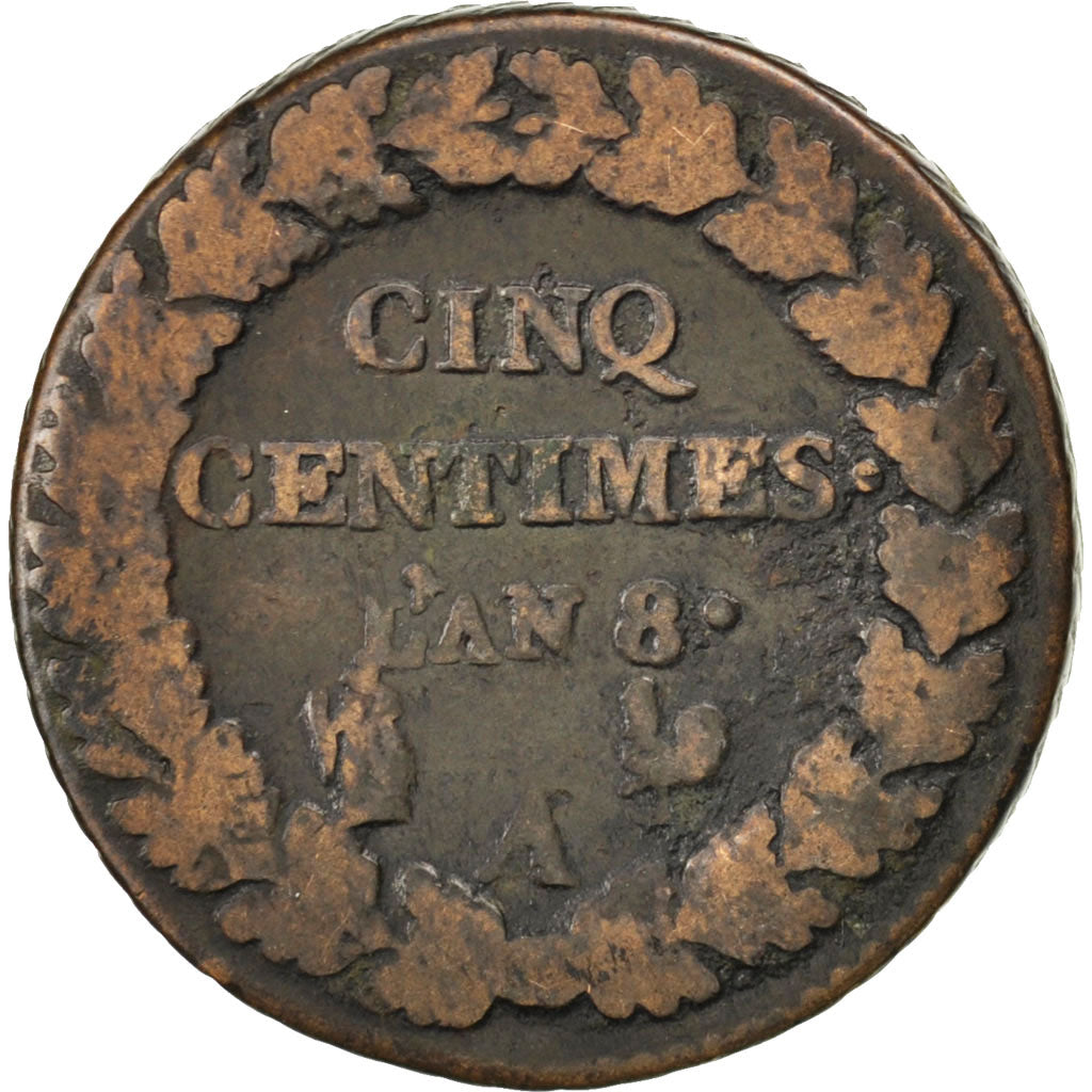 FRANCE, Dupré, 5 Centimes, 1799, Paris, KM #640.1, F(12-15), Bronze, 28, Gadoury