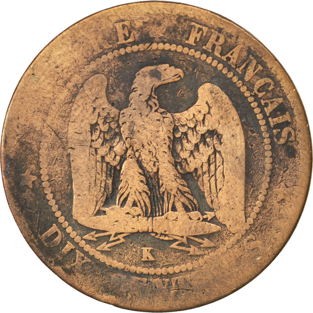 FRANCE, Napoléon III, 10 Centimes, 1855, Bordeaux, KM #771.5, VG(8-10), Bronze,