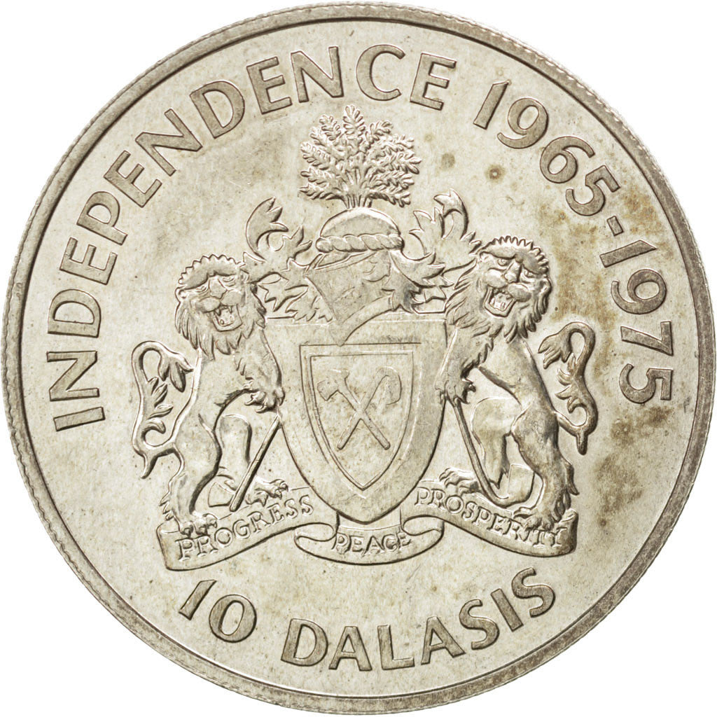 GAMBIA, THE, 10 Dalasis, 1975, KM #16, AU(55-58), Silver, 38.6, 28.80