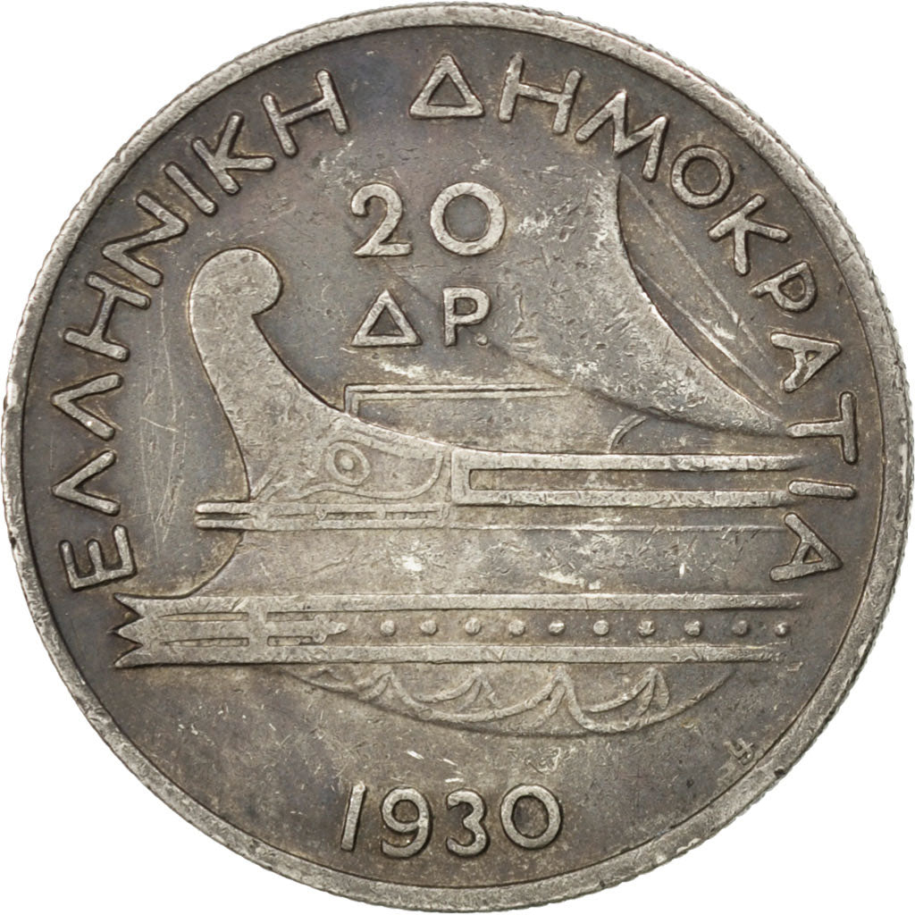 GREECE, 20 Drachmai, 1930, KM #73, EF(40-45), Silver, 28.43, 11.26