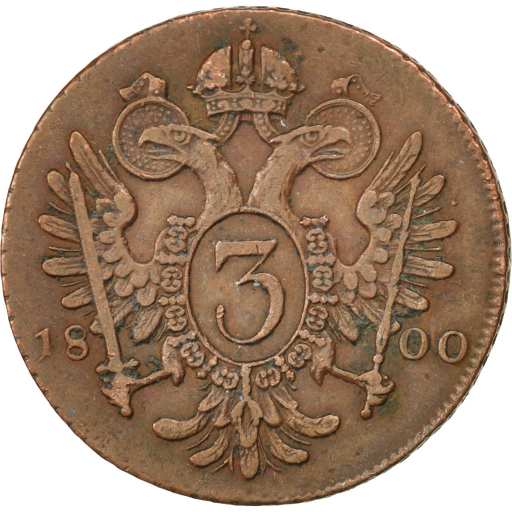 AUSTRIA, 3 Kreuzer, 1800, KM #2115.3, EF(40-45), Copper, 8.29