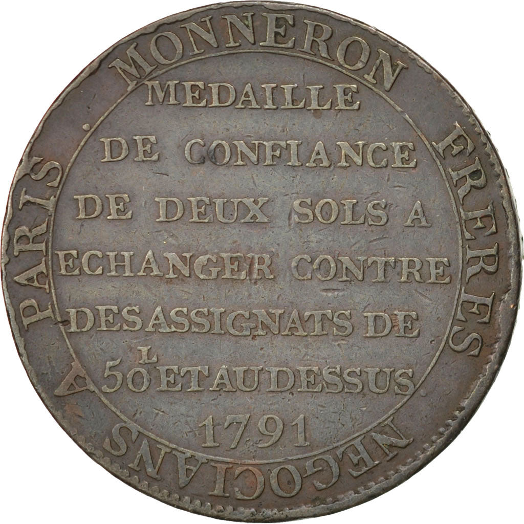 FRANCE, 2 Sols, 1791, KM #Tn23, VF(30-35), Bronze, Brandon #217, 17.90