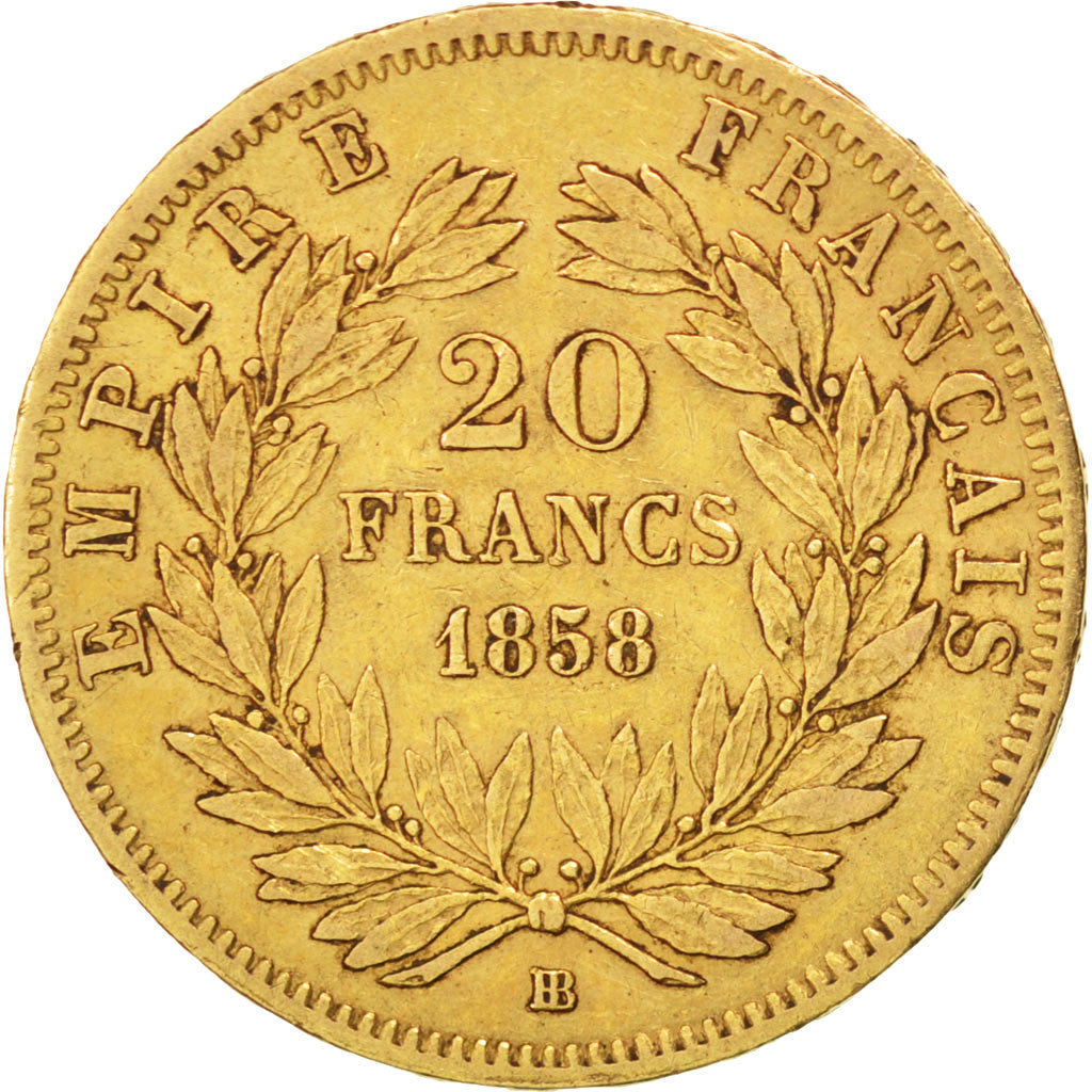 Second Empire, 20 Francs or Napoléon III tête nue 1858 Strasbourg, KM 781.2