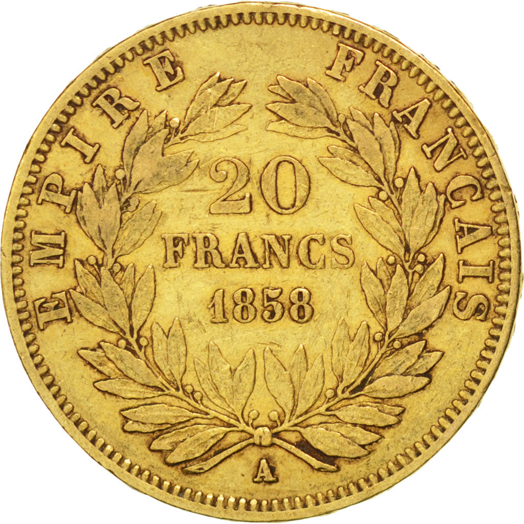 FRANCE, Napoléon III, 20 Francs, 1858, Paris, KM #781.1, EF(40-45), Gold, Gadour