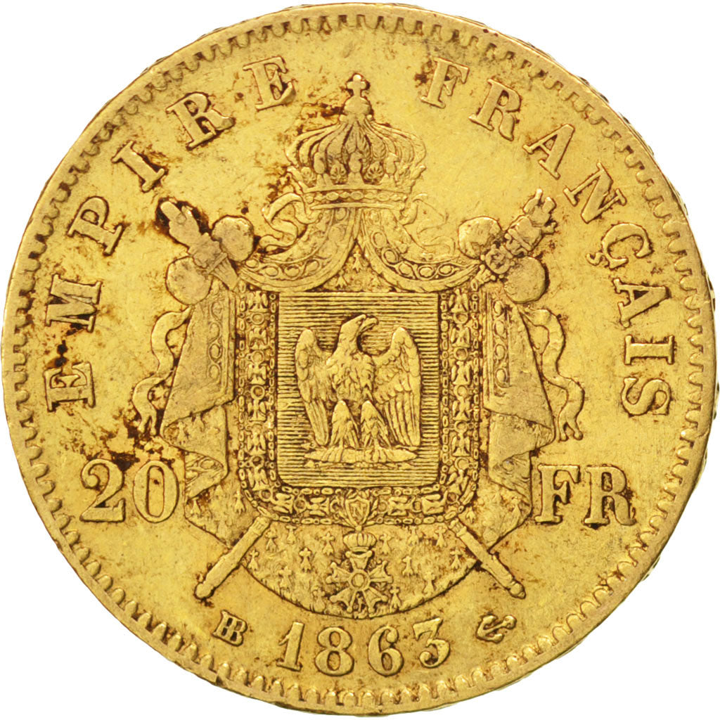 FRANCE, Napoléon III, 20 Francs, 1863, Strasbourg, KM #801.2, EF(40-45), Gold, G