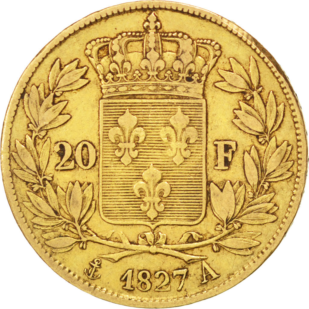 FRANCE, Charles X, 20 Francs, 1827, Paris, KM #726.1, VF(30-35), Gold, Gadoury..