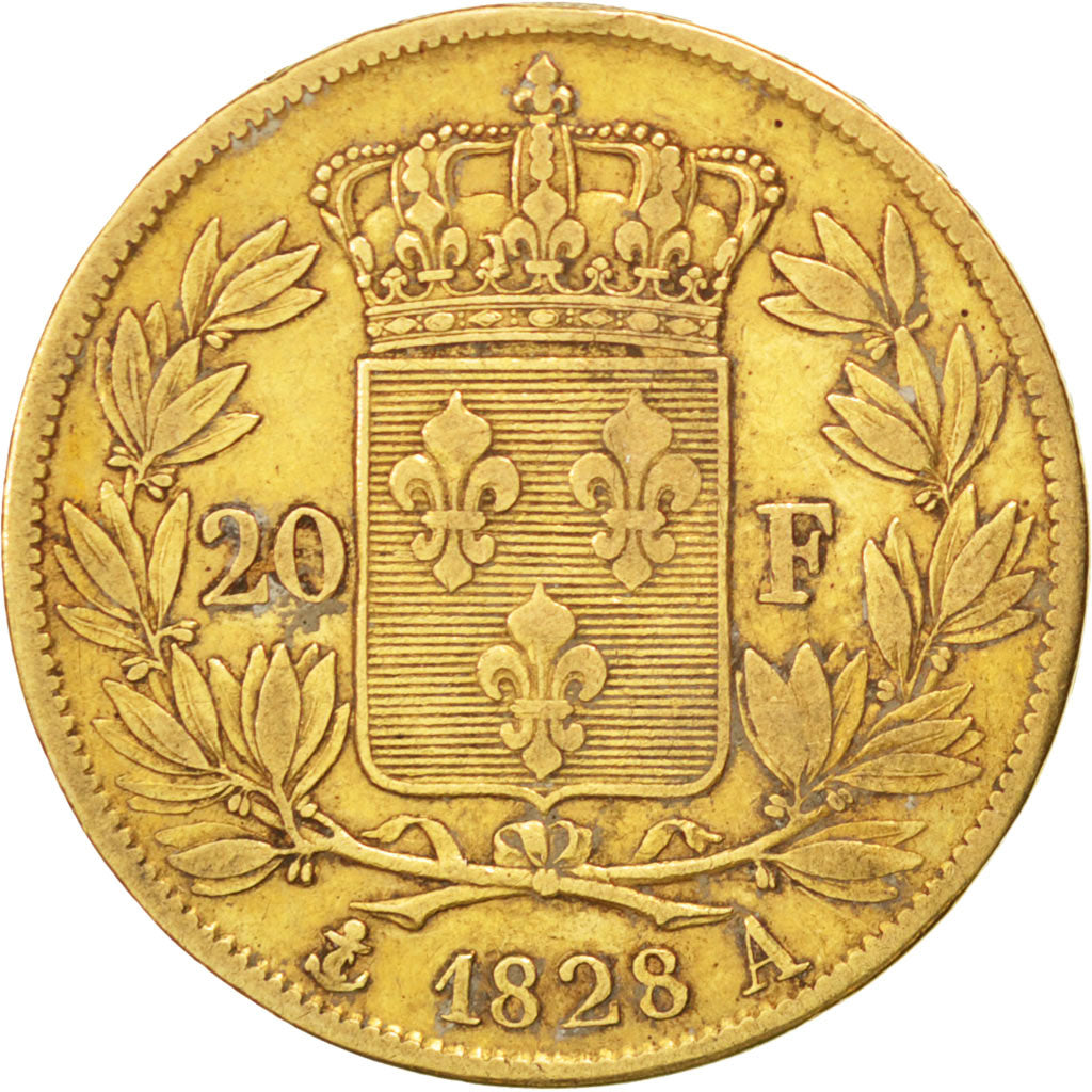 FRANCE, Charles X, 20 Francs, 1828, Paris, KM #726.1, VF(30-35), Gold, Gadoury..