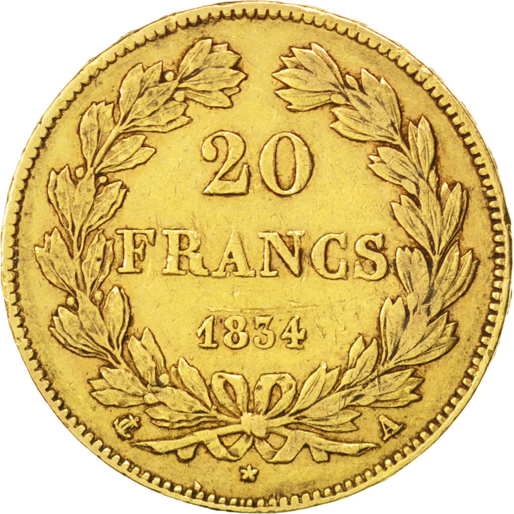 FRANCE, Louis-Philippe, 20 Francs, 1834, Paris, KM #750.1, EF(40-45), Gold,...