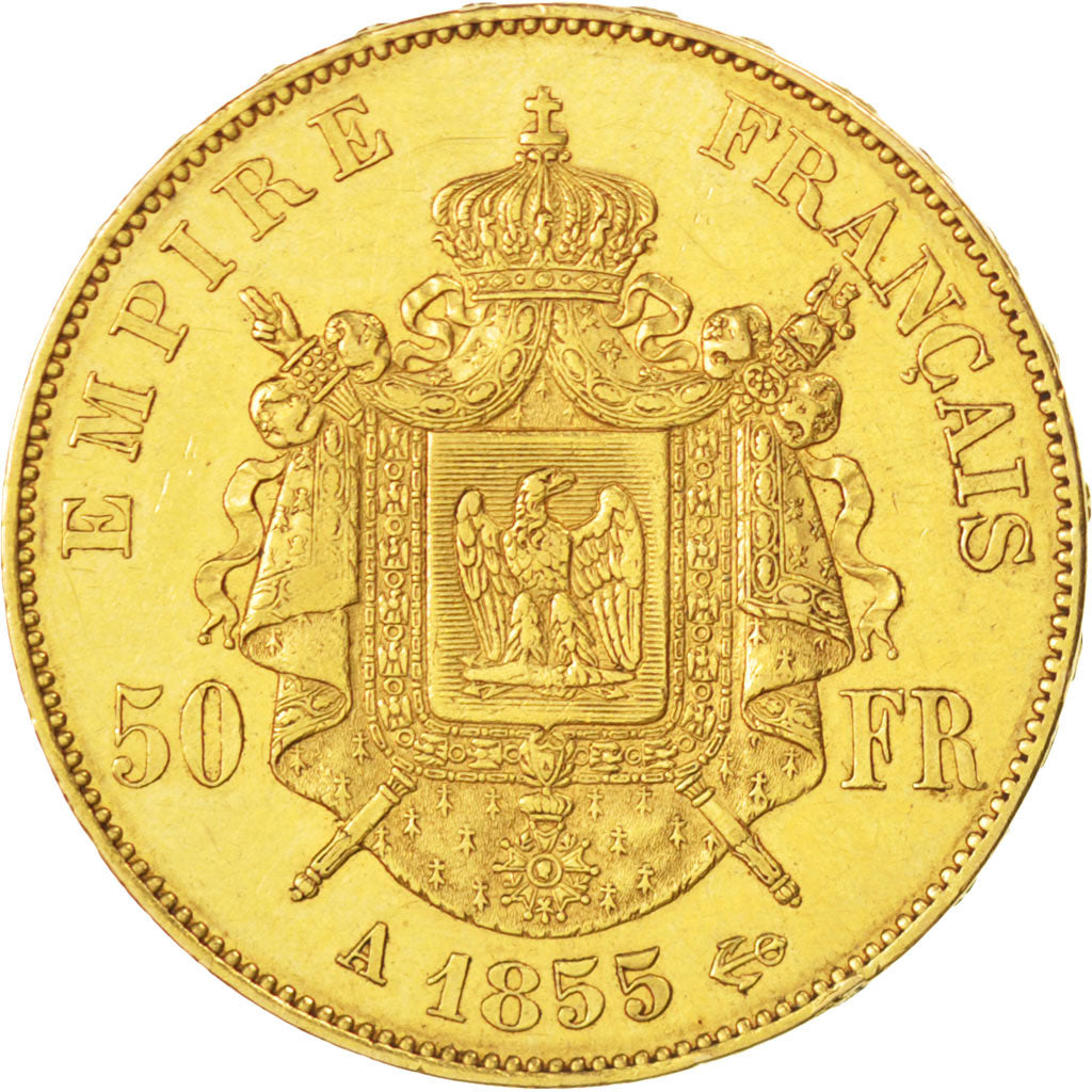 FRANCE, Napoléon III, 50 Francs, 1855, Paris, KM #785.1, AU(50-53), Gold, Gadour