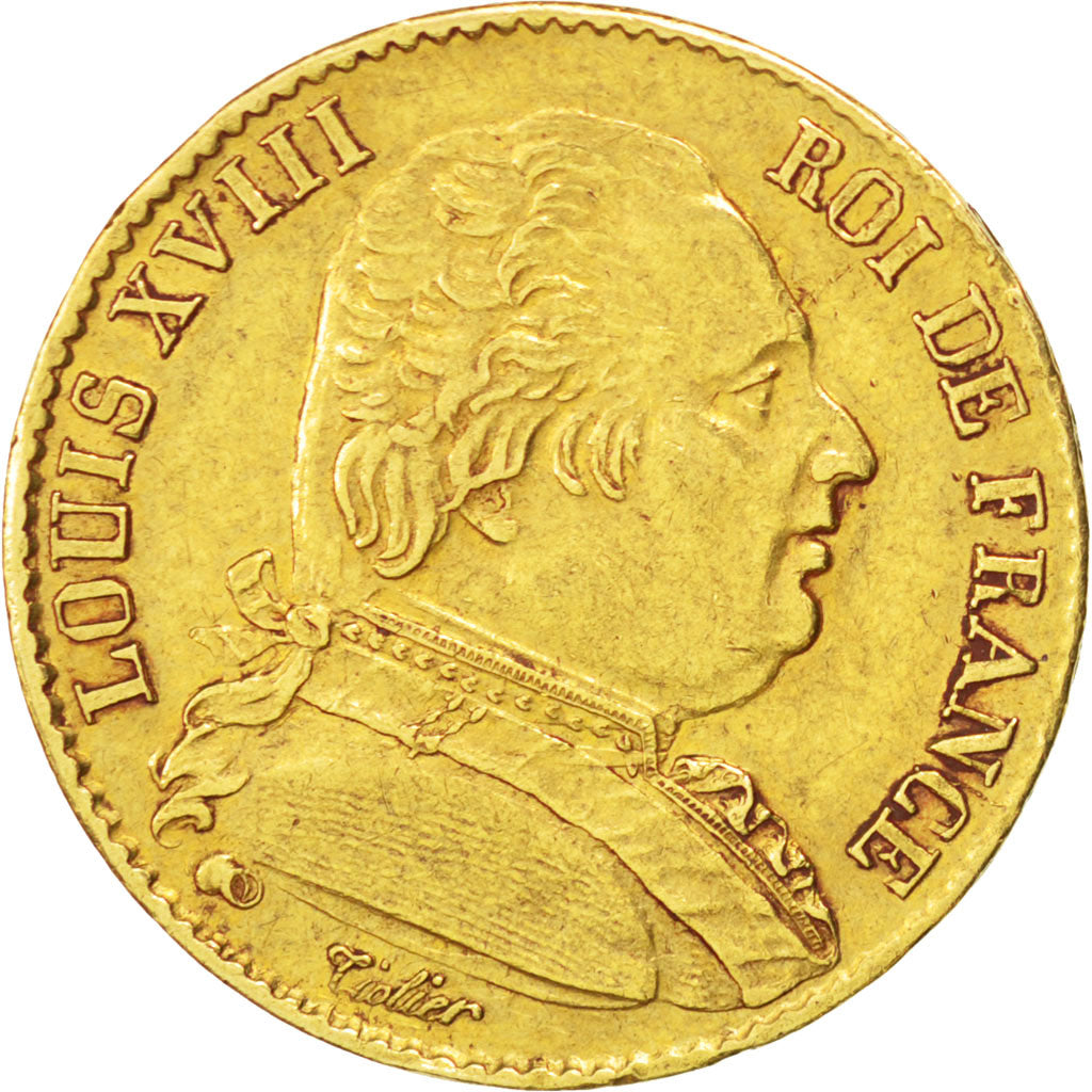 FRANCE, Louis XVIII, 20 Francs, 1814, Paris, KM #706.1, AU(50-53), Gold,...