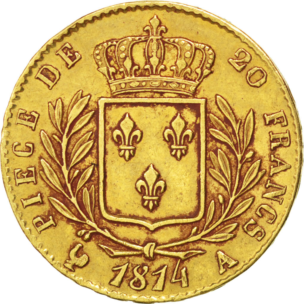 FRANCE, Louis XVIII, 20 Francs, 1814, Paris, KM #706.1, AU(50-53), Gold,...