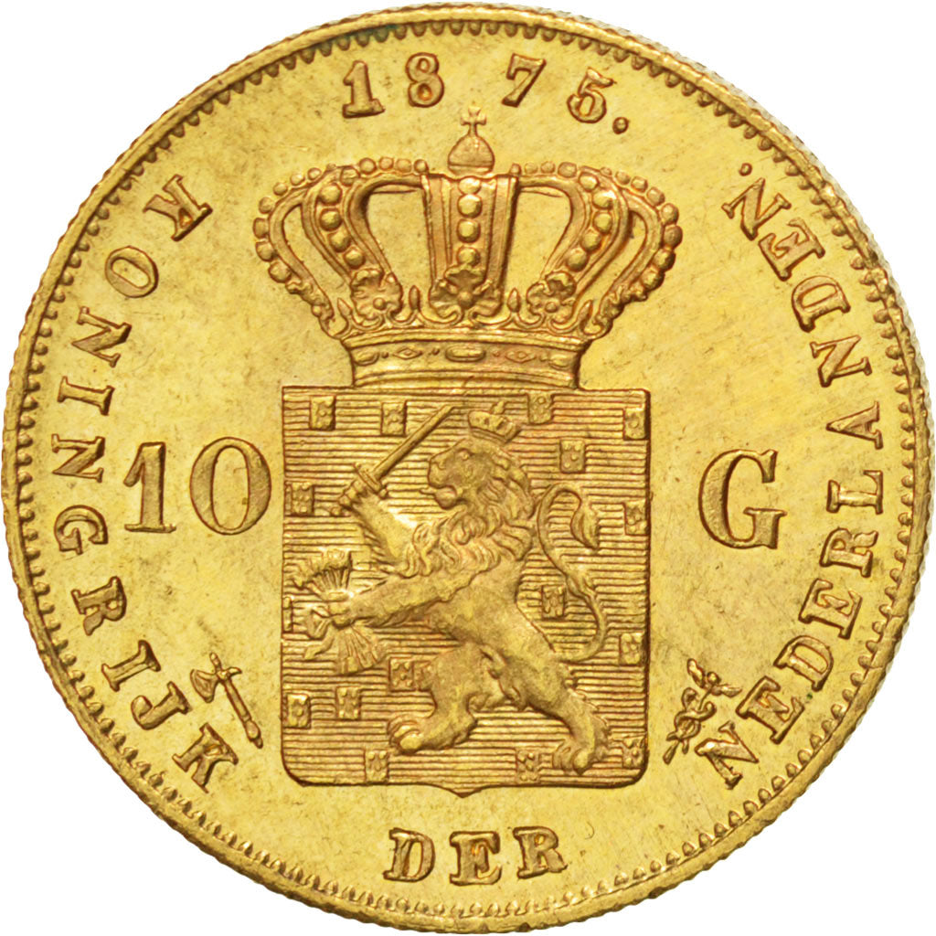 NETHERLANDS, 10 Gulden, 1875, KM #105, AU(55-58), Gold, 22.5, 6.71