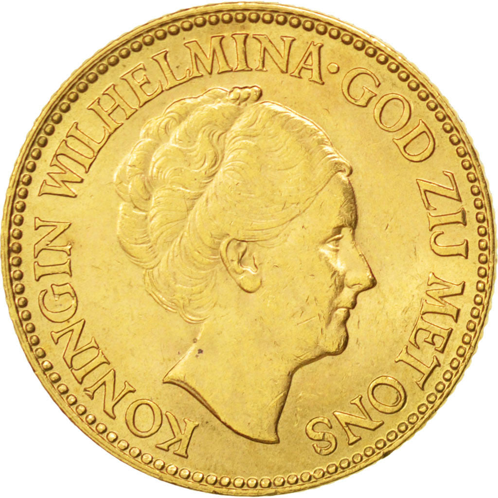 NETHERLANDS, 10 Gulden, 1933, KM #162, AU(55-58), Gold, 22.5, 6.71