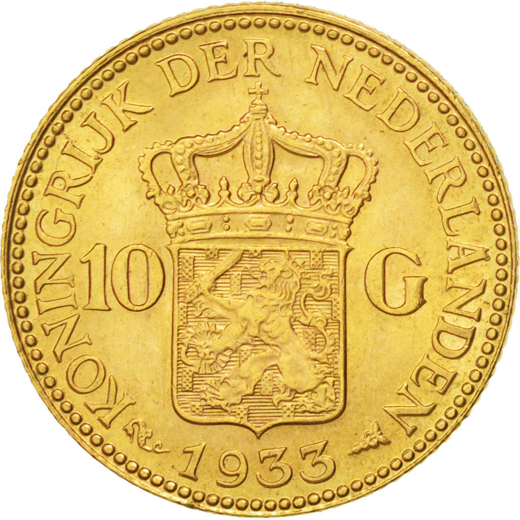 NETHERLANDS, 10 Gulden, 1933, KM #162, AU(55-58), Gold, 22.5, 6.71
