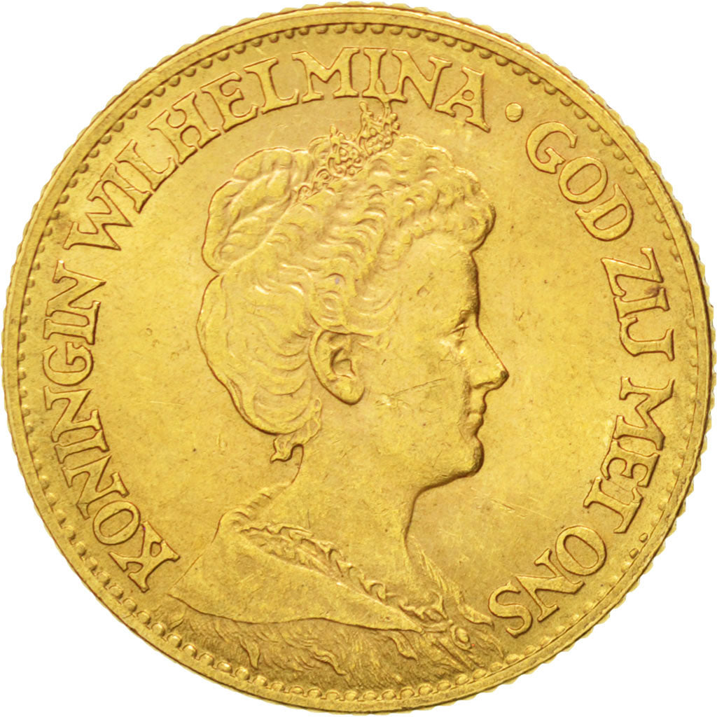 NETHERLANDS, 10 Gulden, 1912, KM #149, AU(55-58), Gold, 22.5, 6.71