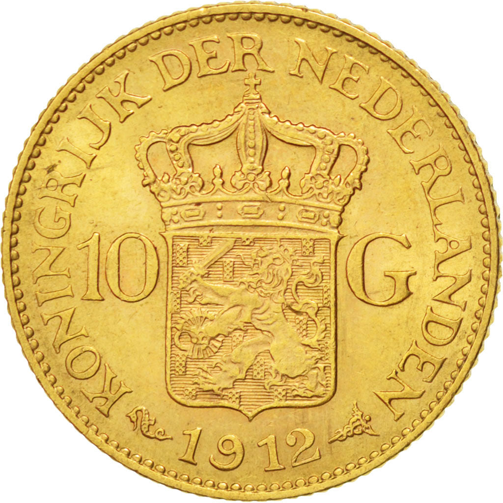 NETHERLANDS, 10 Gulden, 1912, KM #149, AU(55-58), Gold, 22.5, 6.71