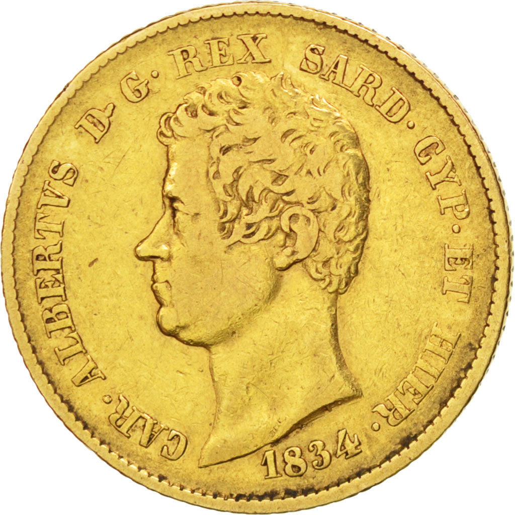 ITALIAN STATES, 20 Lire, 1834, Torino, KM #131.1, EF(40-45), Gold, 21, 6.39