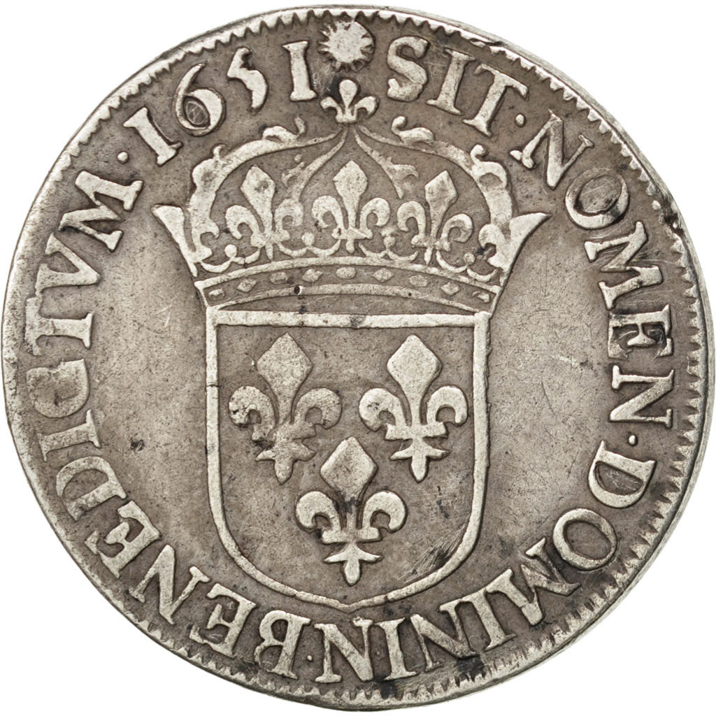 FRANCE, 1/2 Écu à la mèche longue, 1/2 ECU, 1651, Montpellier, KM #164.14, VF(3.