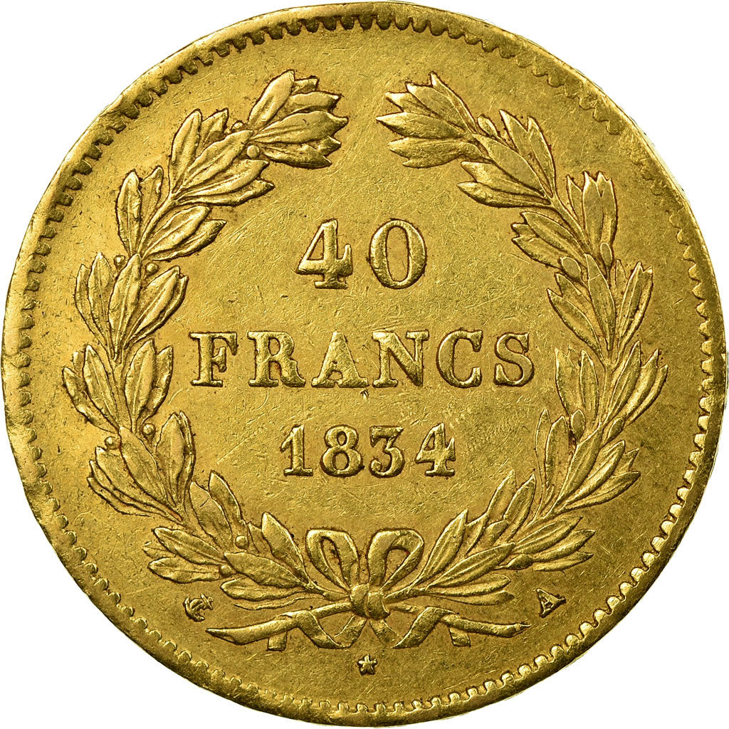 Moneda, Francia, Louis-Philippe, 40 Francs, 1834, Paris, MBC+, Oro, KM:747.1
