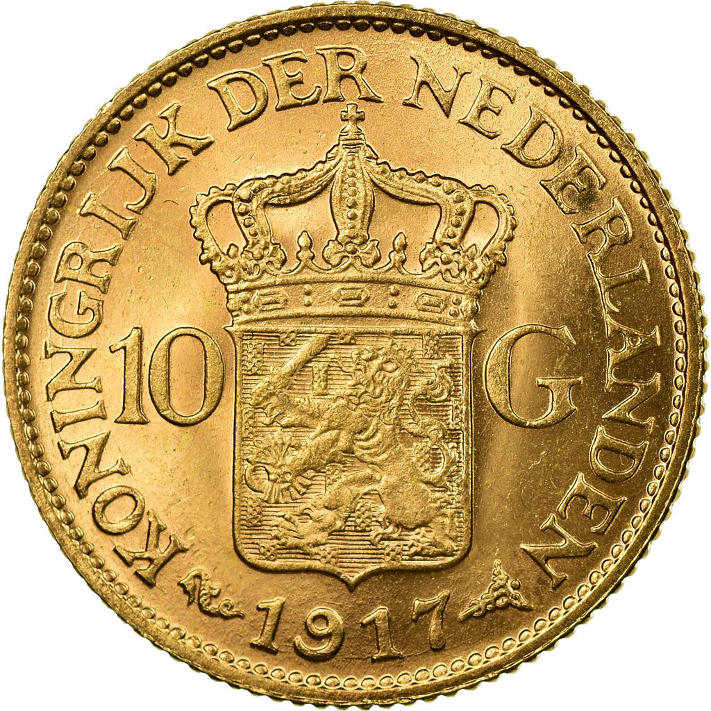 Coin, Netherlands, Wilhelmina I, 10 Gulden, 1917, AU(55-58), Gold, KM:149