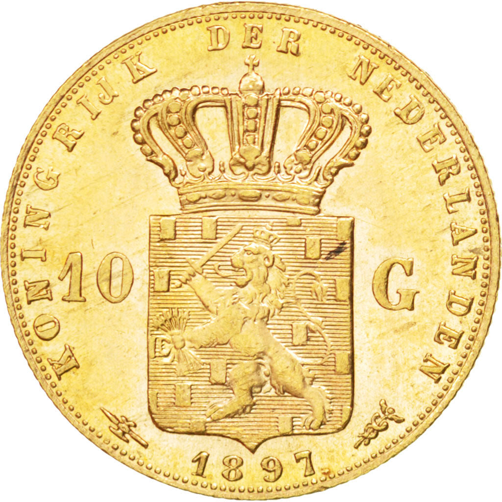 NETHERLANDS, 10 Gulden, 1897, KM #118, AU(55-58), Gold, 22.5, 6.72