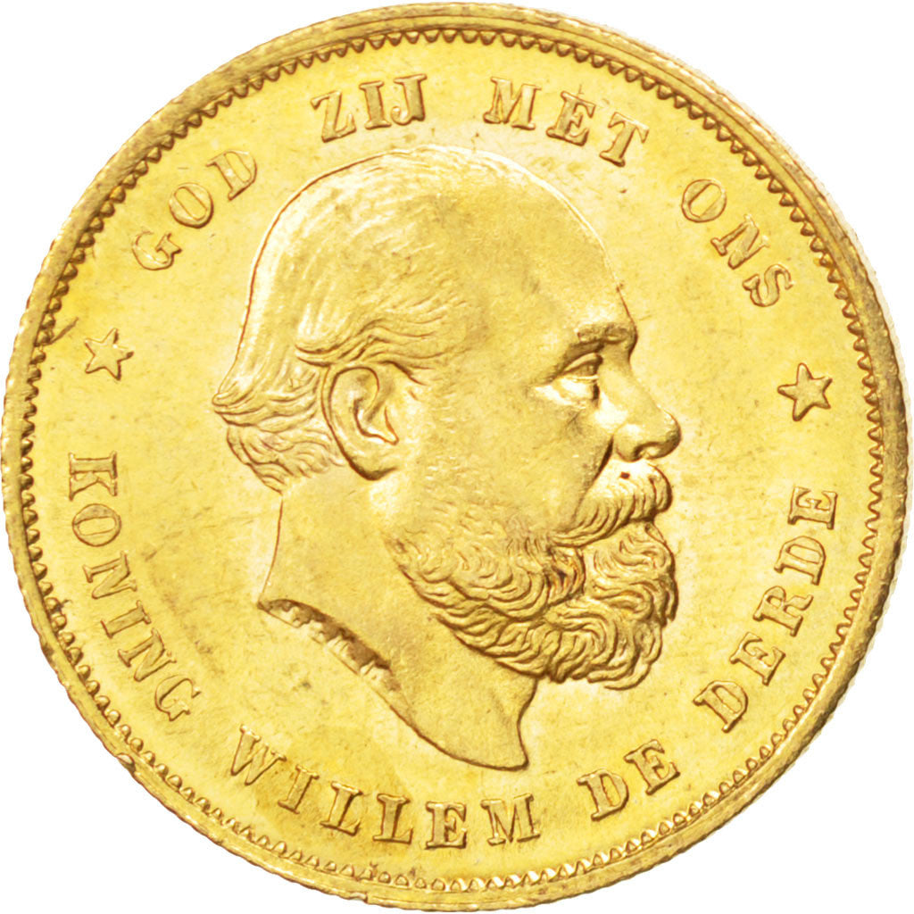 Coin, Netherlands, William III, 10 Gulden, 1885, MS(63), Gold, KM:106