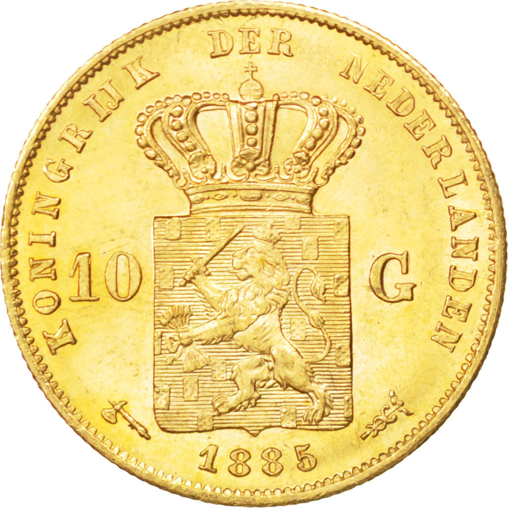 Coin, Netherlands, William III, 10 Gulden, 1885, MS(63), Gold, KM:106