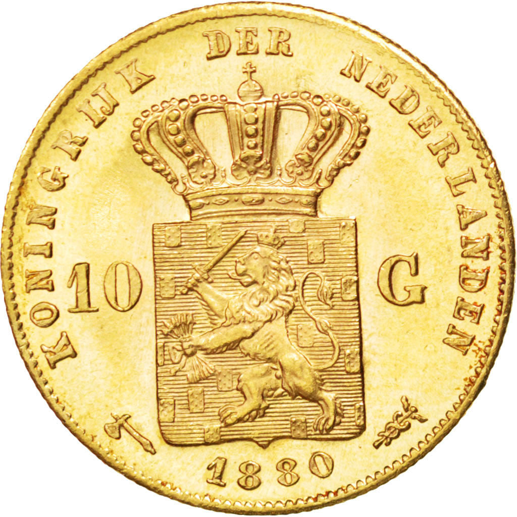 NETHERLANDS, 10 Gulden, 1880, KM #106, MS(63), Gold, 22.5, 6.71