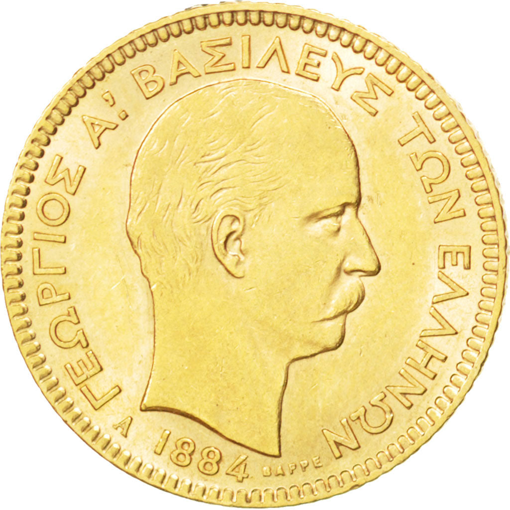 GREECE, 20 Drachmai, 1884, Paris, KM #56, MS(60-62), Gold, 6.43