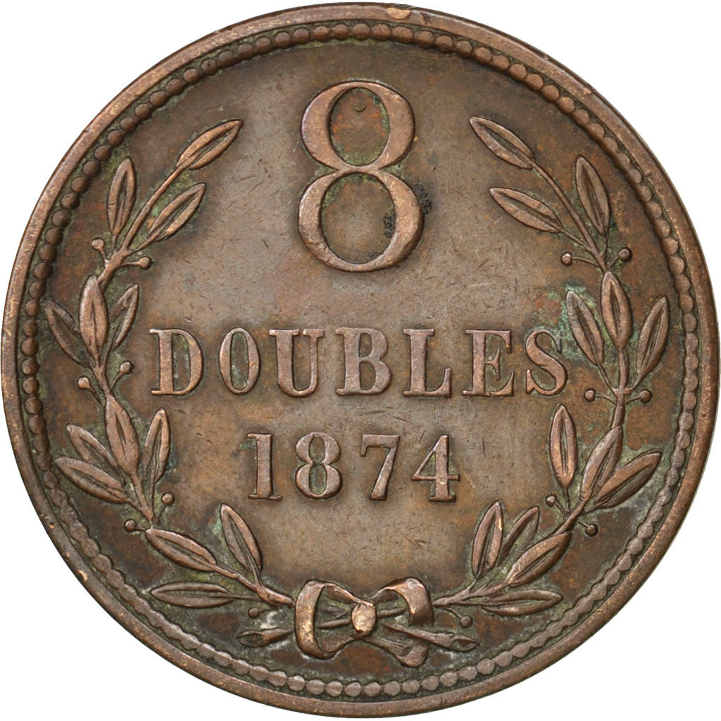 GUERNSEY, 8 Doubles, 1874, Heaton, KM #7, EF(40-45), Bronze, 31.6, 9.39