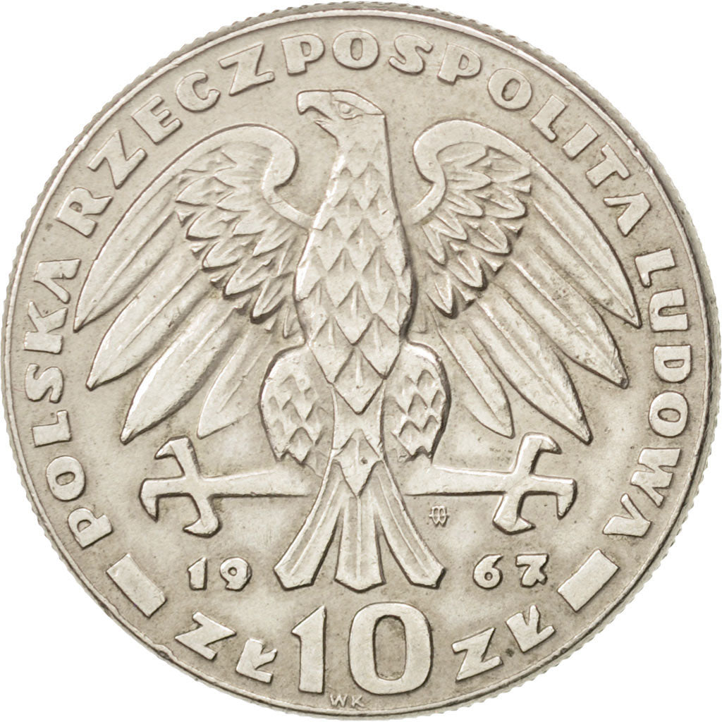POLAND, 10 Zlotych, 1967, Warsaw, KM #58, EF(40-45), Copper-Nickel, 28, 9.62