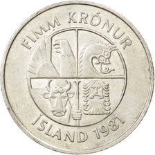 ICELAND, 5 Kronur, 1981, KM #28, AU(50-53), Copper-Nickel, 24.5, 6.48