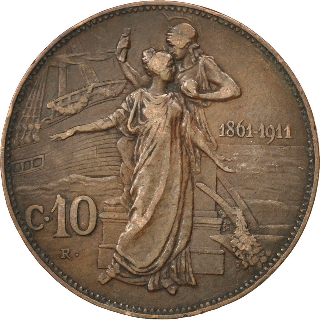ITALY, 10 Centesimi, 1911, Rome, KM #51, EF(40-45), Bronze, 30.13, 9.90