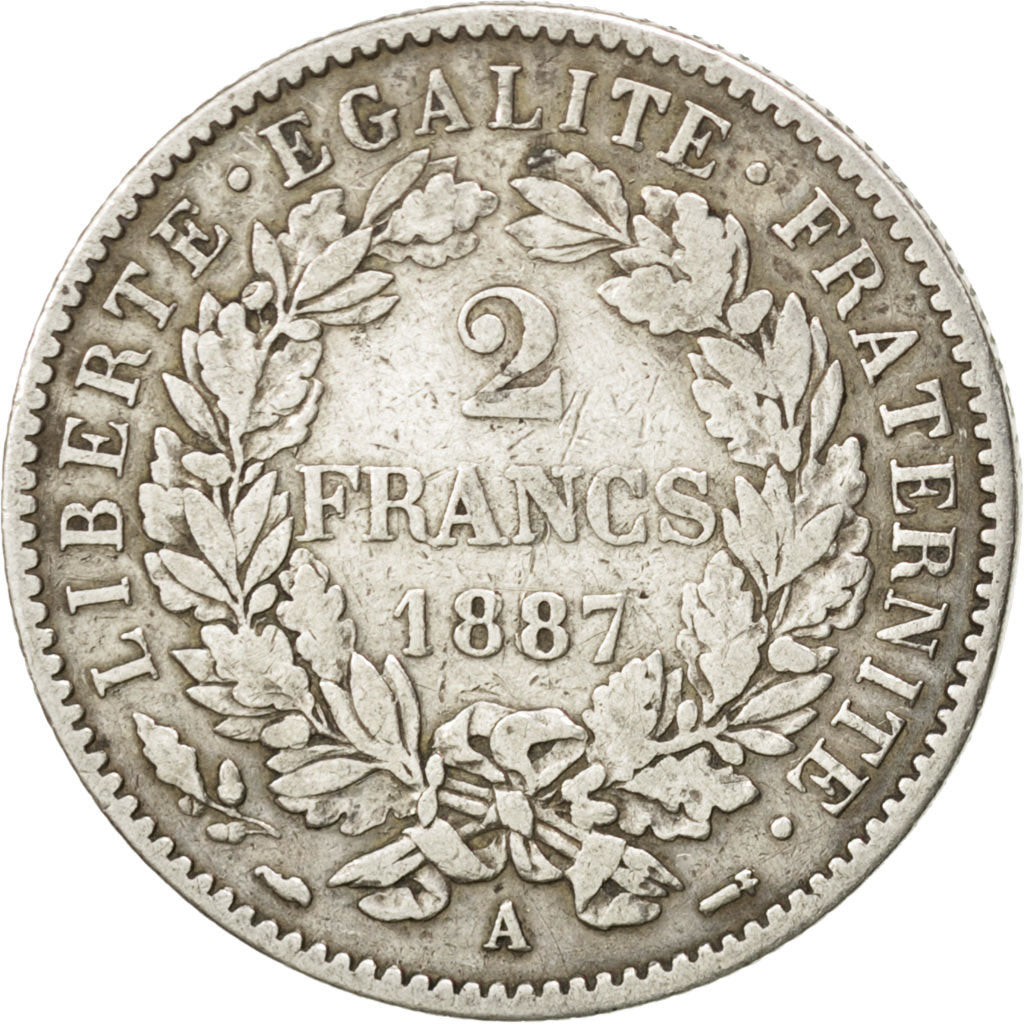FRANCE, Cérès, 2 Francs, 1887, Paris, KM #817.1, EF(40-45), Silver, 27, Gadoury