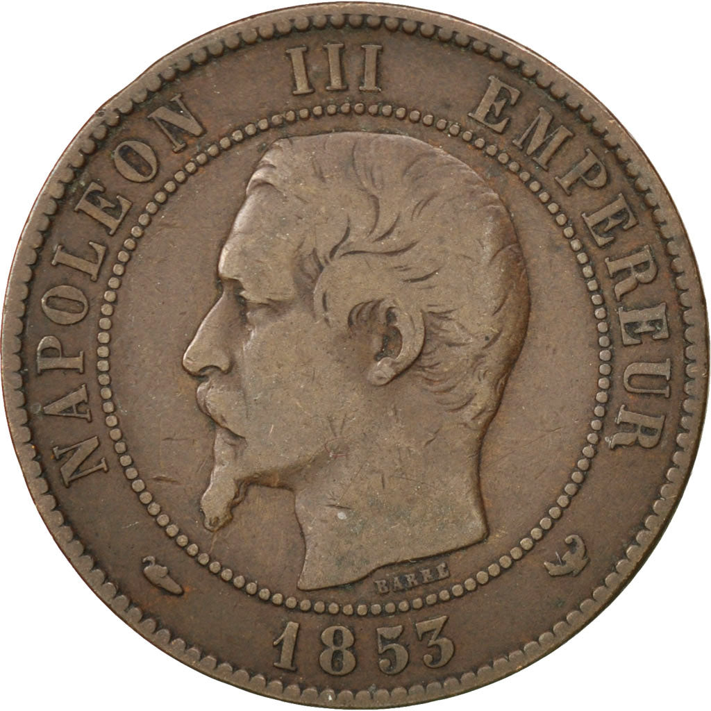 FRANCE, 10 Centimes, 1853, Lille, KM #M24, VF(20-25), Bronze, 30, Gadoury #249,.