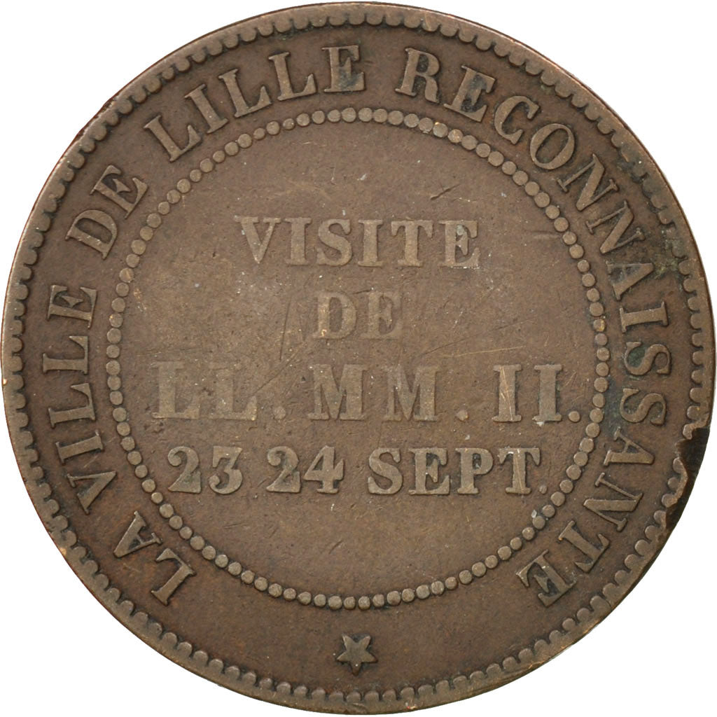 FRANCE, 10 Centimes, 1853, Lille, KM #M24, VF(20-25), Bronze, 30, Gadoury #249,.