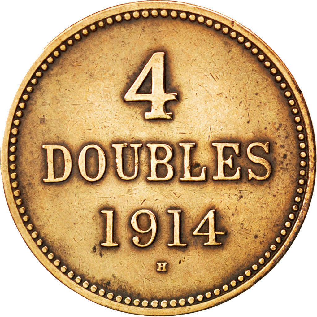 GUERNSEY, 4 Doubles, 1914, Heaton, KM #13, EF(40-45), Bronze, 4.83